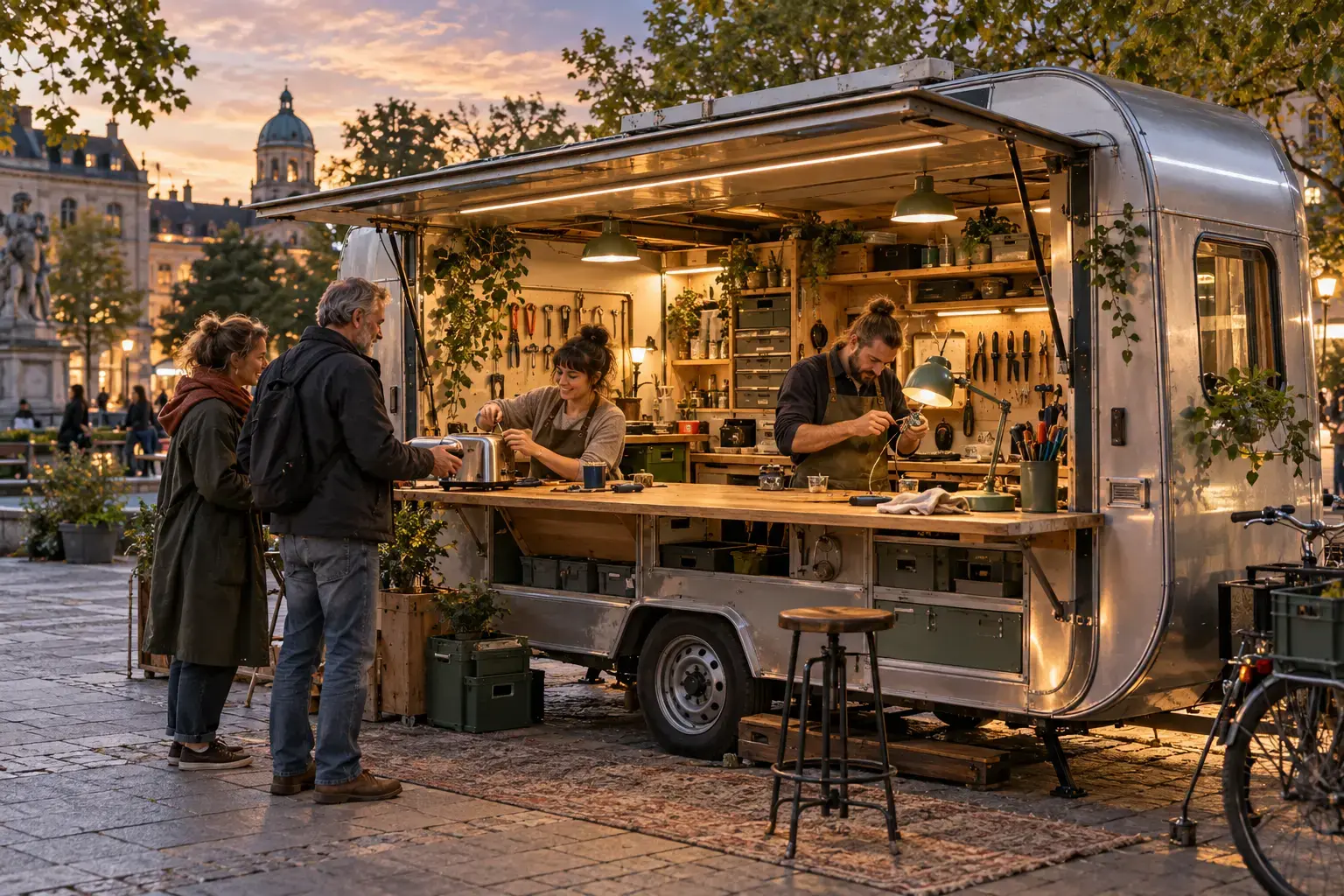 Fiktives mobiles MORGENWERK-Reparaturlabor: Menschen arbeiten gemeinsam an einer offenen Werkbank auf einem Stadtplatz.